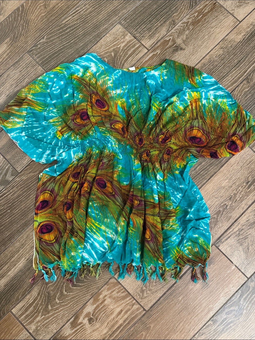 Turquoise Peacock Print Boho Top - O/S